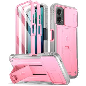 Poetic Revolution Case for Motorola Moto G 5G 2024, [Slide Camera Cover], Full-Body Military Grade Rugged Shockproof Cover with Kickstand and Built-in-Screen Protector, Pink