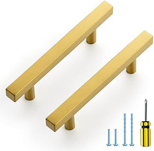 Ravinte 5 Pack Gold Cabinet Handles 3-1/2 Inch Brushed Brass Square Cabinet Pulls Gold Hardware for Kitchen Cabinets - 6 Inch Total Length