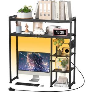 Aetheris Desktop Organizer Shelf, 30" Wooden Office Storage Rack with Outlets, Display Shelf Rack with Light Strip, 5 Tier Desktop Display Rac, Desk Shelf, Desk Hutch for Computer Monitor (Black), 30"L 9.44"W 32"H