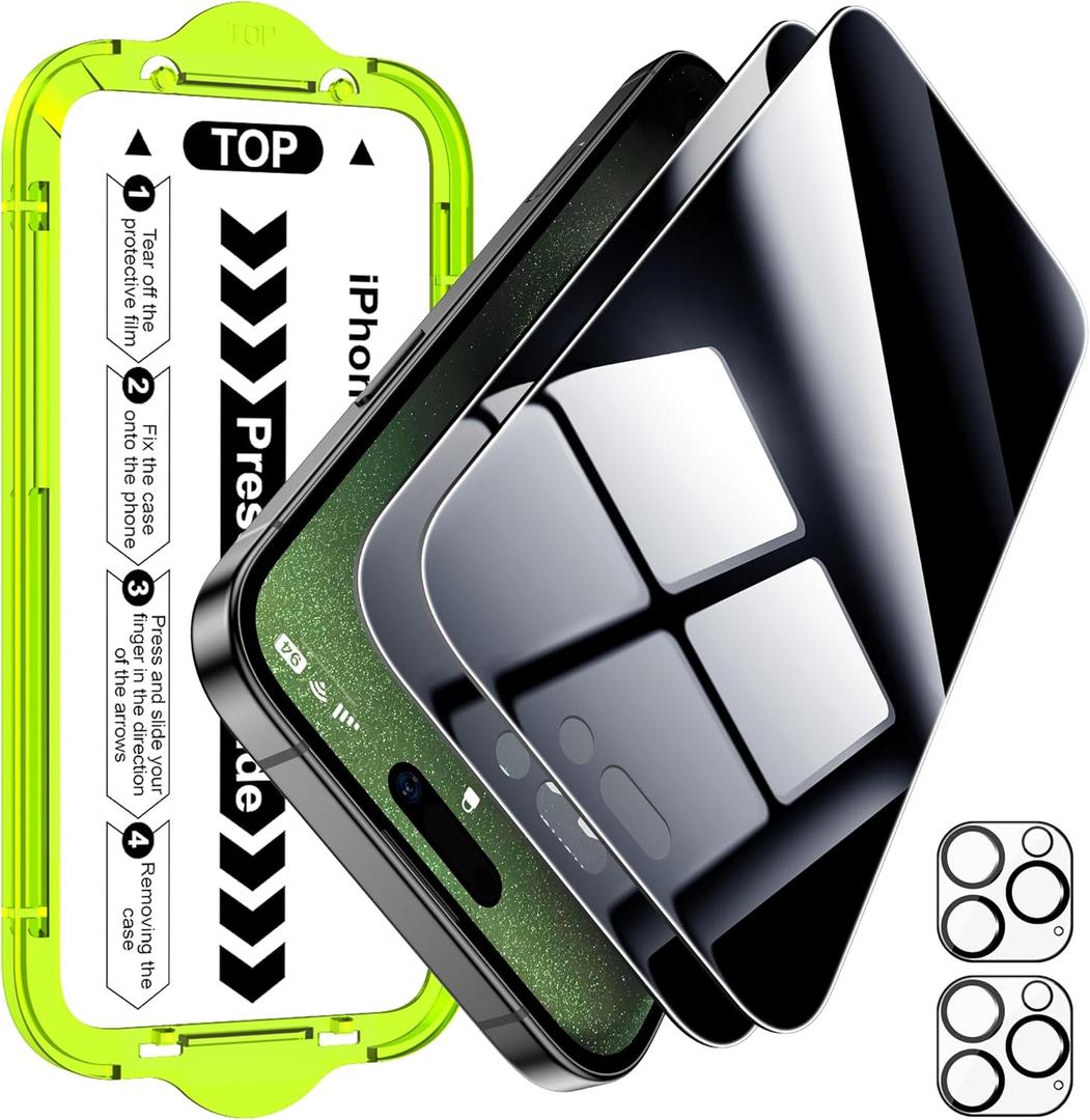 Esanik [2+2 Pack for iPhone 15 Pro Max Privacy Screen Protector  Anti-Spy Tempered Glass & Camera Lens Cover, Military-Grade 9H Hardness, Anti-Scratch, Flawless Fit Tray