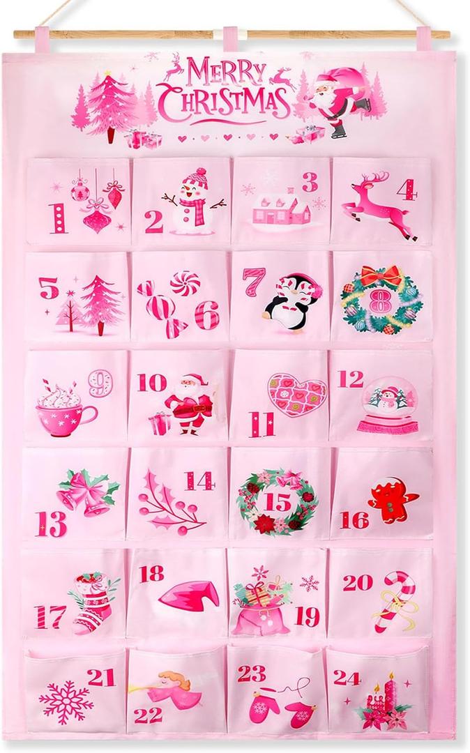 HOWAF Pink Christmas Advent Calendar 2025 (Countdown to Christmas) for Teen Girls and Women Gift, 24 Days Fabric Christmas Countdown Calendar with 24 Pockets for Xmas Holiday Home Wall Decoration