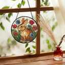 Easter Bunny Flower Stained Glass Window Hanging, Bunny Rabbit Floral Sun Catchers Indoor Window Round Glass Wall Art Decor, Easter Rabbit Suncatcher Wall Hanging Decorations, 7.9x7.9 inch