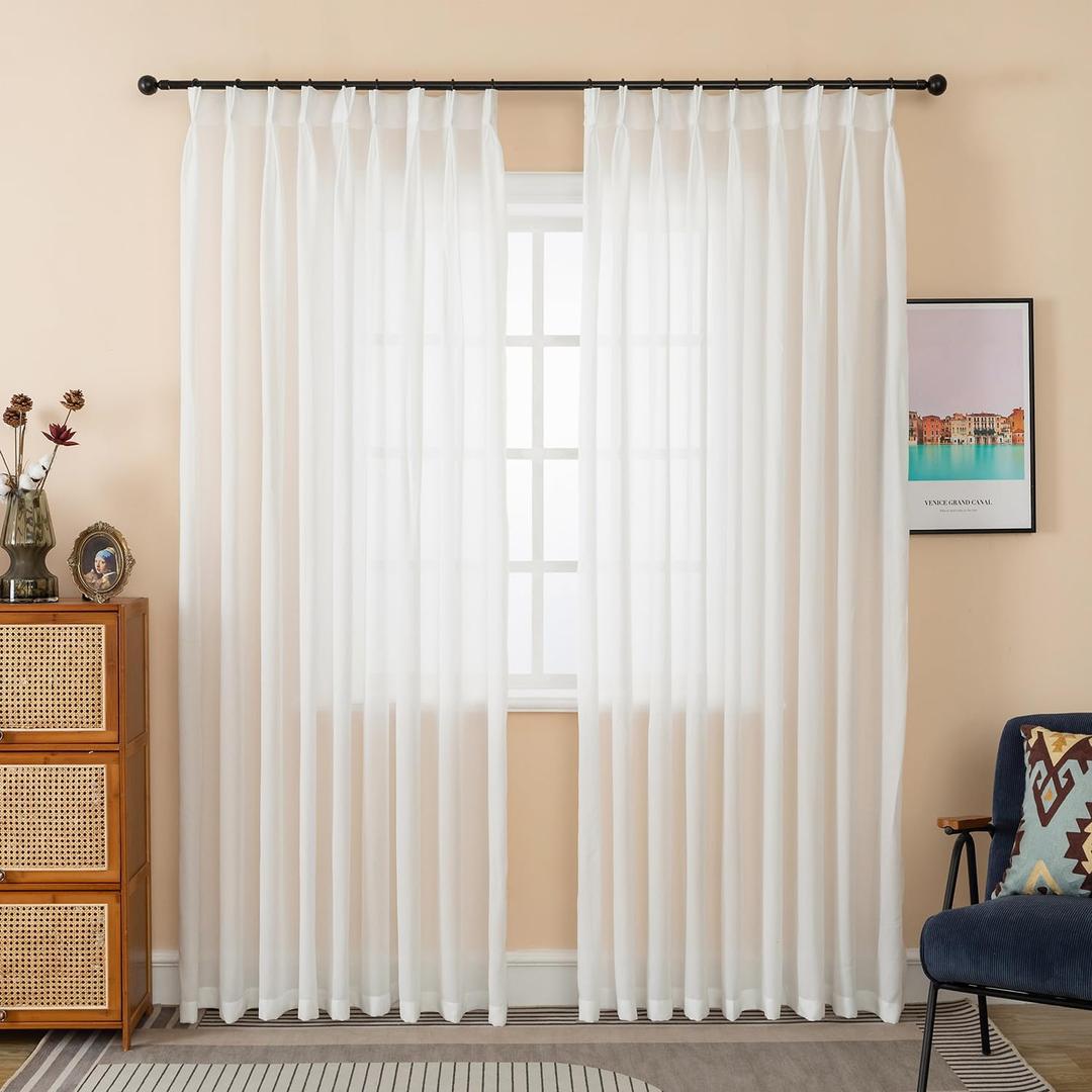 102 Inches Long Pinch Pleated Curtains White Semi Sheer Light Filtering Window Curtains for Living Room Bedroom 1 Panel Sliding Glass Door for Pinch Pleat Drapes, W52 x L102