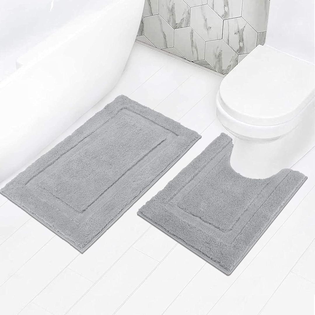 SHACOS Bathroom Rugs Set of 2 Pieces with U Shaped Toilet Rug Contoured Mat Fluffy Plush Bath Mats Non Slip Bathroom Carpet Washable (20"x24"+20"x32",Light Grey)