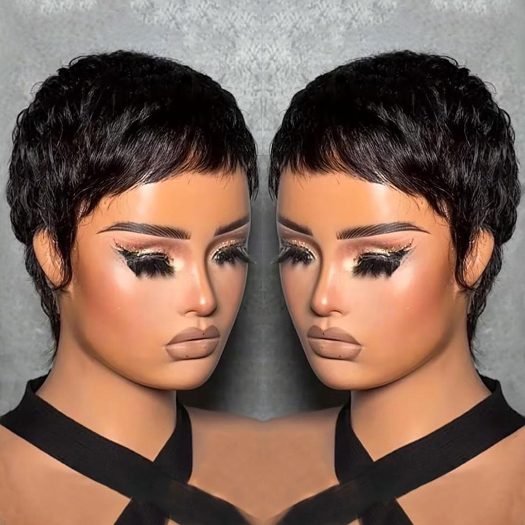 VRZ Pixie Cut Wig for Black Women Human Hair Pixie Wigs for Women Straight Human Hair Glueless Layered Full Machine Made Wigs Throw On and Go Wig for Daily Use Black Color (T66#RF Color)