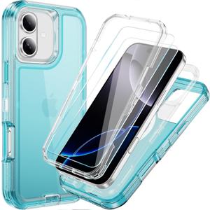 Compatible with iPhone 16 Case with HD Screen Protector, Heavy Duty Shockproof [3 in 1] Clear Phone Cases for iPhone 16 6.1" (Blue)