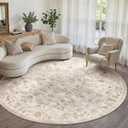 8x8 Washable Neutral Round Rug Beige Vintage Living Room Bedroom Circle Rug Non-Slip Soft Low Pile Farmhouse Indoor Carpet for Kitchen Dining Room Office