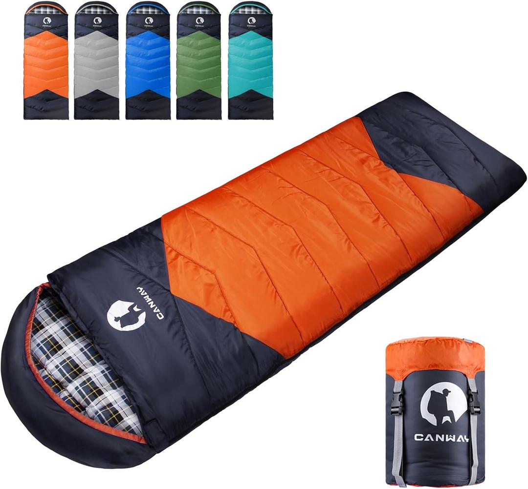 CANWAY Flannel Sleeping Bag for Adults Kids Girls Boys Camping Backpacking Sleeping Bag for Cold & Warm Weather with Compression Sack (Orange)