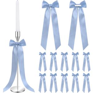 12 Pcs Dusty Blue Candlestick Bows Decor 13 Inch Large Coquette Decorations Bows for Table Self Adhesive Candle Holder Gift Wrapping Wedding Bridal Shower Bachelorette Party Centerpieces