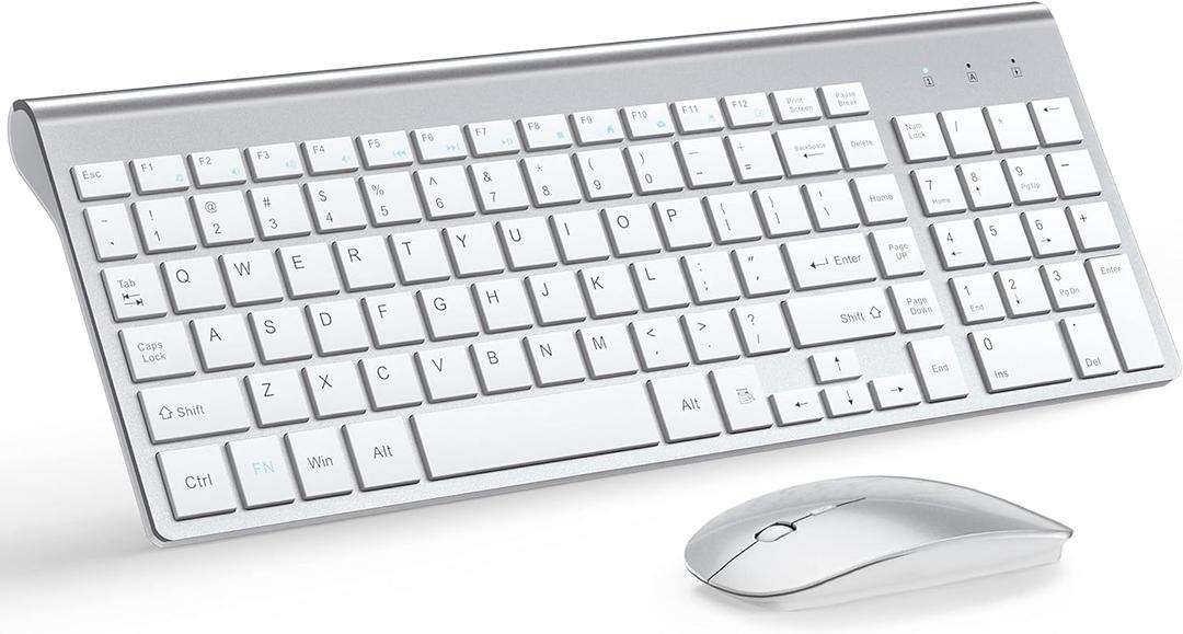 Wireless Keyboard and Mouse Ultra Slim Combo, TopMate 2.4G Silent Compact USB 2400DPI Mouse and Scissor Switch Keyboard Set with Cover, Batteries Included, for PC/ Laptop/ Windows/ Mac - Silver White
