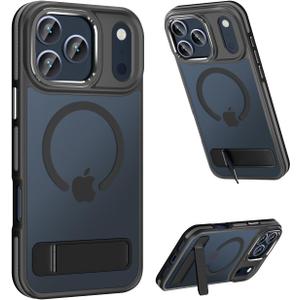 MAKAVO Magnetic for iPhone 17 Pro Max Case with Stand, Compatible with MagSafe, Slim Translucent Matte Military-Grade Drop Protection Phone Cover, Black