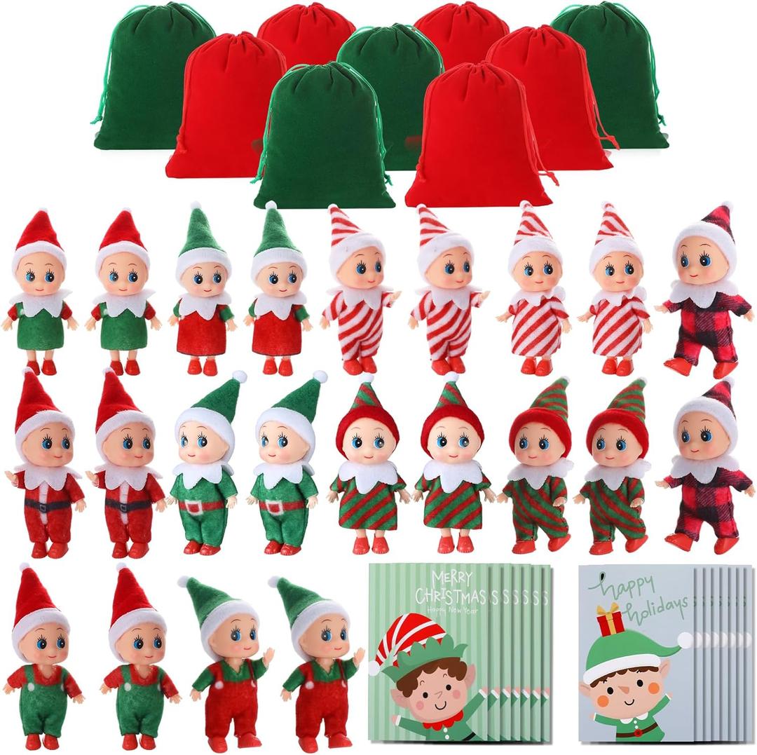 Liliful 66 Pcs Operation Christmas Baby Doll Twins Set with Tiny Christmas Card Velvet Bags, Little Girls and Boys Xmas Miniature Gift for Holiday 2025 New Year Decoration Calendars Stocking Stuffers