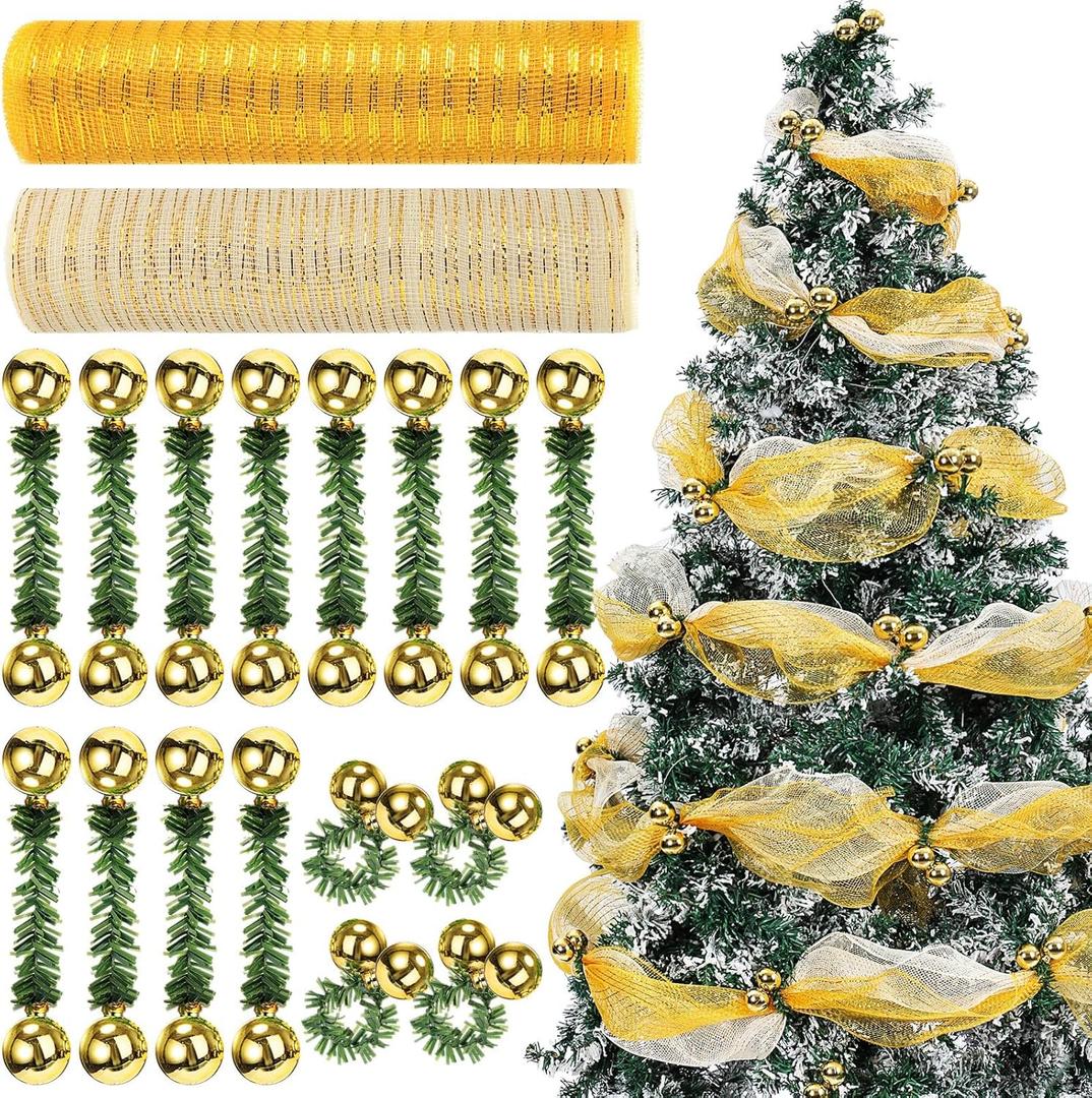 Soulchen 26pcs Christmas Decor Mesh Garland Set 10 Yard Metallic Mesh with Artificial Pine Needles Christmas Ball Garland Ties for DIY Holiday Xmas Tree Wreath(Gold)