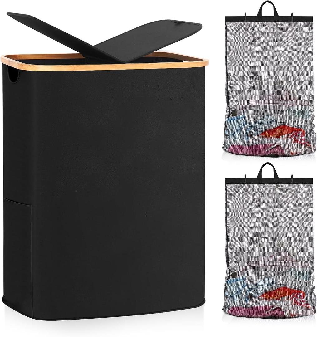 JUNGYOON 150L Laundry Hamper with Lid, Double Laundry Hamper with 2 Removable Bags Foldable Clothes Hampers for Laundry for Bedroom, Bathroom, Dorm, Laundry Room（39.6 gallons）Dark Black