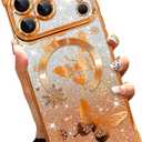Magnetic Case Made for iPhone 17 Pro Max 6.9 Inch (Compatible with MagSafe) Glitter Phone Case with Orange Butterfly Design Soft TPU Reinforced Corners Shockproof Bling Phone Cover for Women