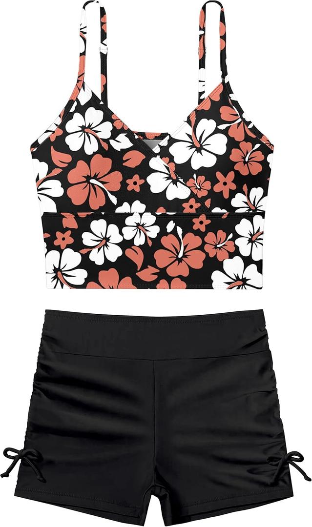 KANGKANG Girls Teen Floral Print Tankini 2Pcs Set V-Neck Blue High Rise Boyshort Swimsuits (9-10 Years, Black Flower)