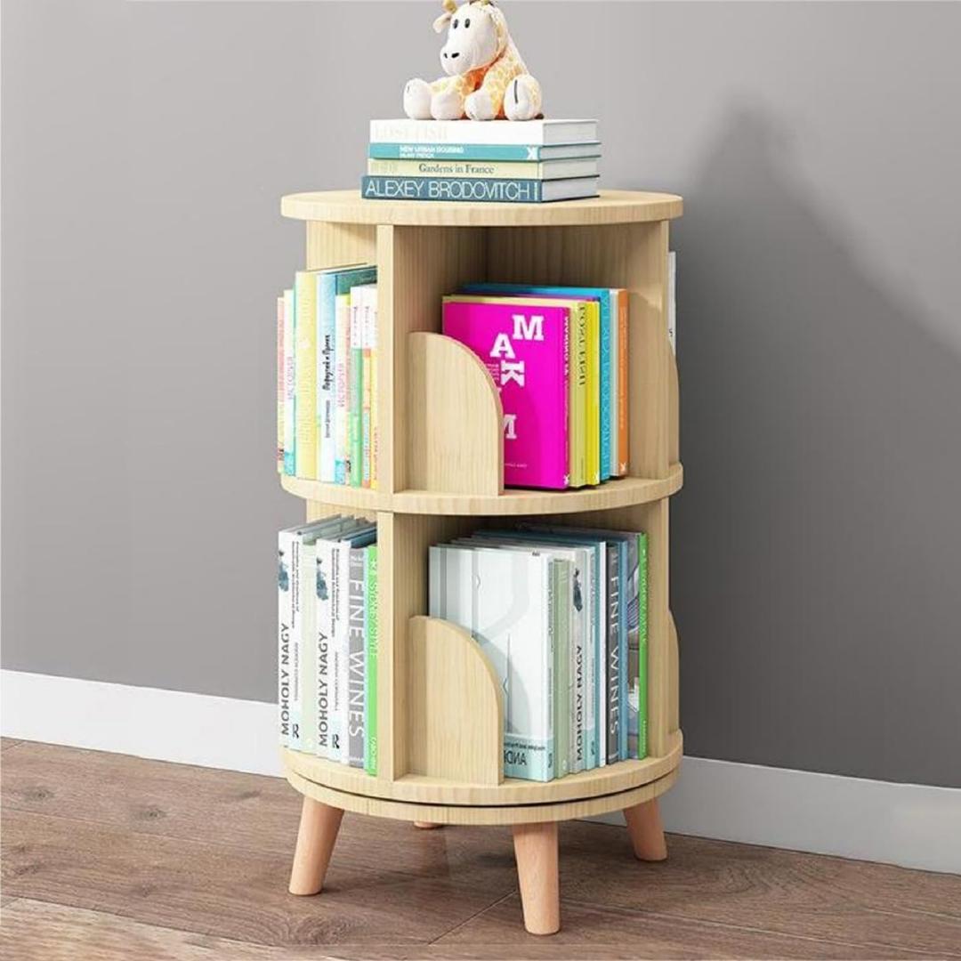 Gdrasuya10 2 Tier Rotating Bookshelf with Legs, 360 Display Revolving Bookcase Standing Bookcase Round Corner Bookshelf Wood Book Storage Display Shelves for Kids&Adults Small Space