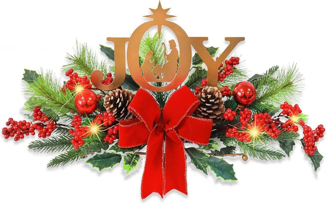 Eksen LED Lighted Christmas Centerpiece for Table or Mantel, Metal Joy Sign with Pine Greenery and Red Bow, Indoor Christmas Table Decorations for Holiday Home Decor
