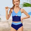 Girls Swimsuit Color Block Girls Bathing Suit Twist Tankini Set Two Piece Girl Swimwear Bikini Set for 9-16 Years