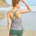 Maacie Maternity Athletic Tankini Swimsuits Two Piece Floral Print Ruched Tops with Shorts, Medium