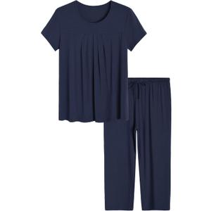 Latuza Women’s Pajamas Pleated Loungewear Top and Capris Pjs Set M Navy