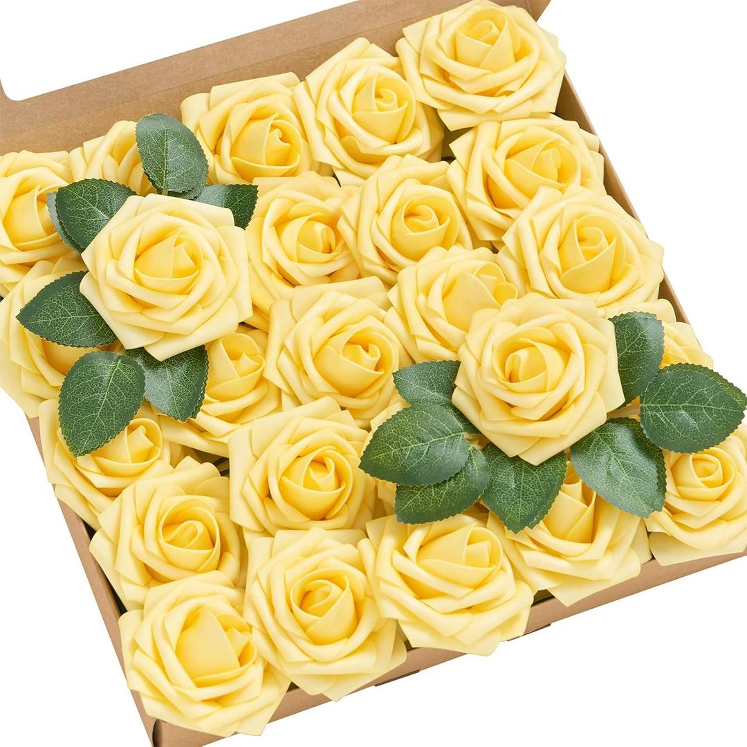 Lings Moment Artificial Flowers 25Pcs French Yellow Roses Decor w/Stems,3" Real Touch DIY Foam Floral for Wedding Bouquet/Centerpieces, Outdoors Party Backdrop, Room/Table, and Garden/Pot Decorations
