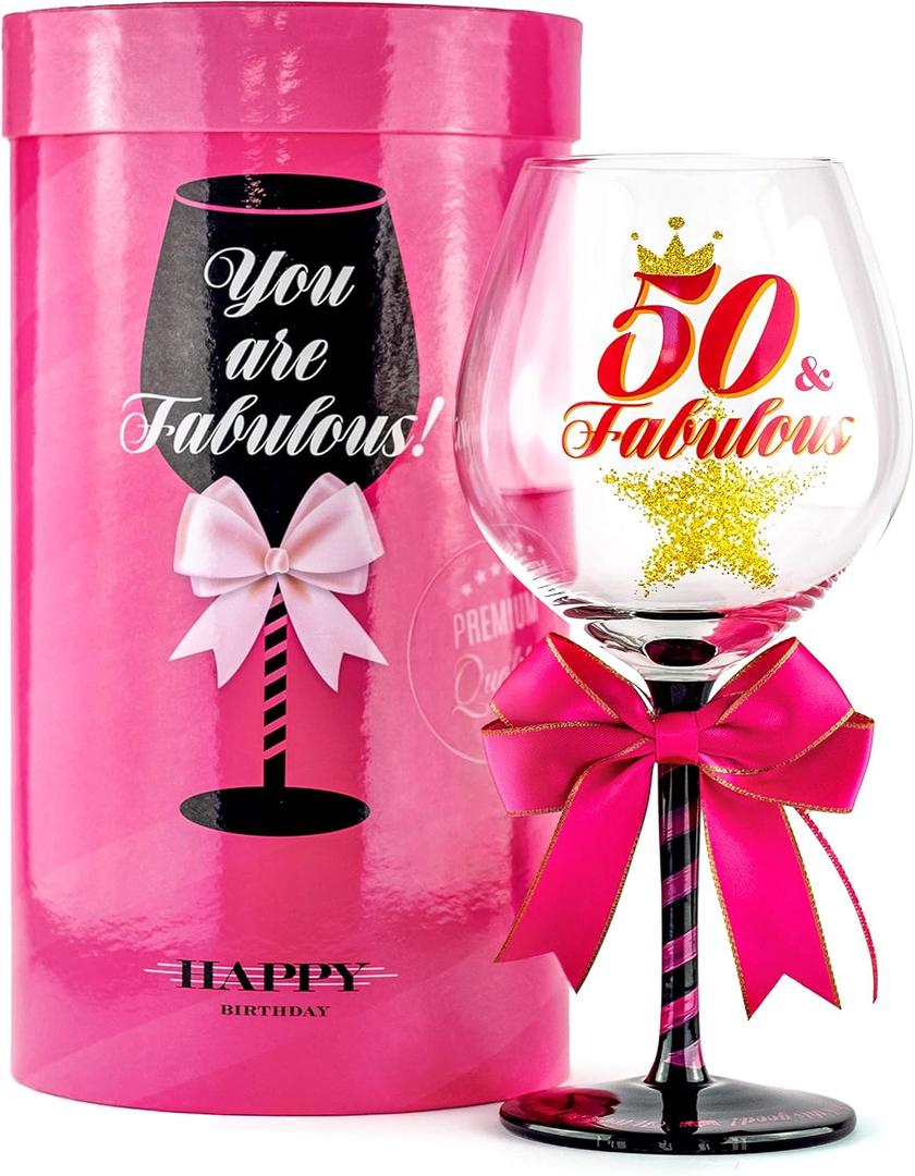 50 and Fabulous Birthday Wine Glass for Women | Fun Gift for Woman Turning Fifty Years Old | Mom, Best Friend, Aunt, Cousin, Co-Worker | Big 23 oz, 8.8 Inch Wine Glass