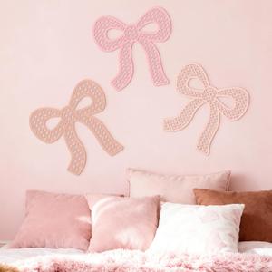 Maysing 3 Pcs Boho Bow Wall Decor Pink Bow Nursery Decoration Coquette Room Decor Wooden Woven Macrame Wall Hanging Pink Preppy Decoration for Nursery Dorm Room Girl Gift