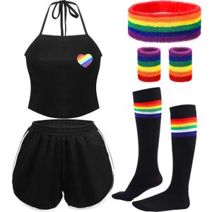 Pride Outfits for Women Girl Rainbow Summer Crop Top and Shorts Halter Pride Suit Headband Wristbands Socks Set (Medium)