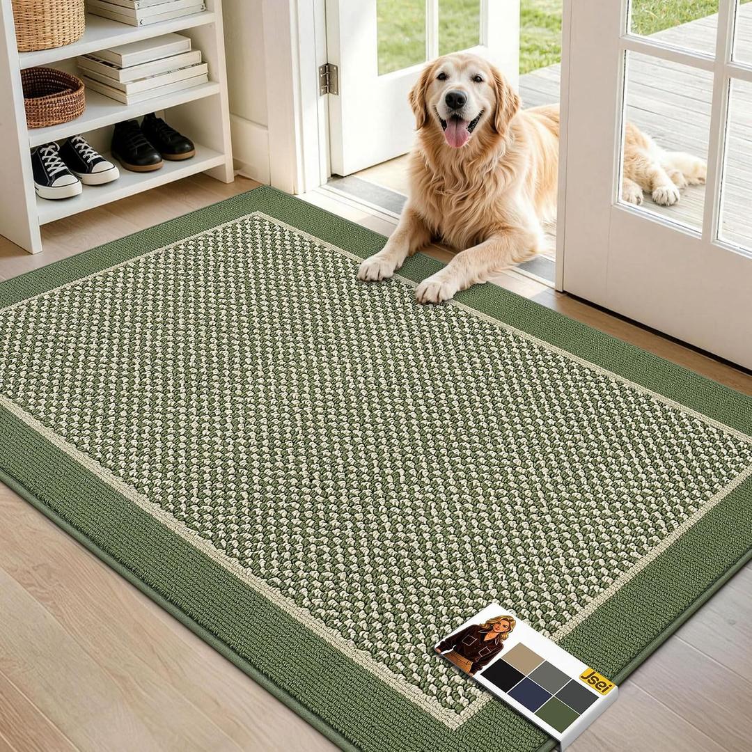 JSEI Dirt Trapper Door Mat 32"x48", Non-Slip Washable Doormats Entryway Rugs, Trap Dirt Absorbent Welcome Mat, Low Profile Floor Mats for Front Back Door and Entrance, Green