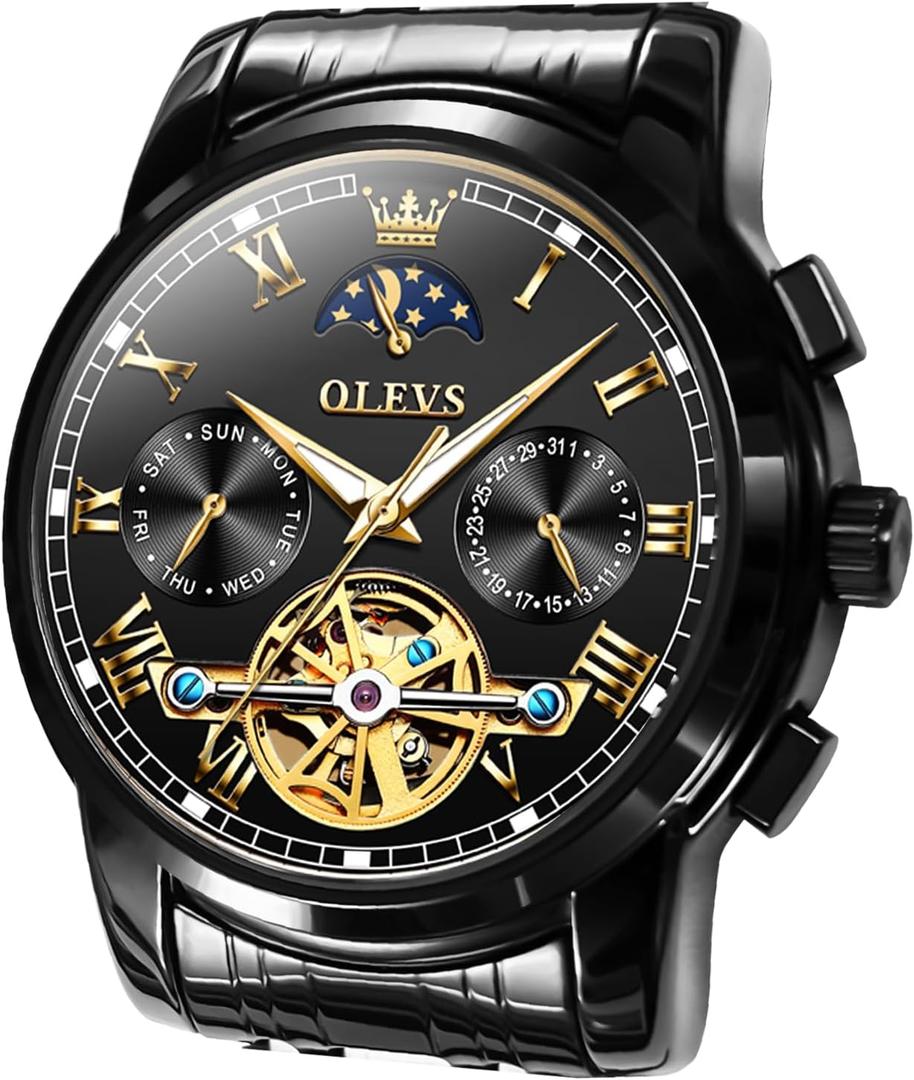 OLEVS Watch Men Luxury Stainless Steel Easy Read Diamond Original Self Winding Black Watches for Men Big Face No Battery Water Resistant Watches Dress Two Tone Adjustable Automatic Tourbillon relojes para hombres