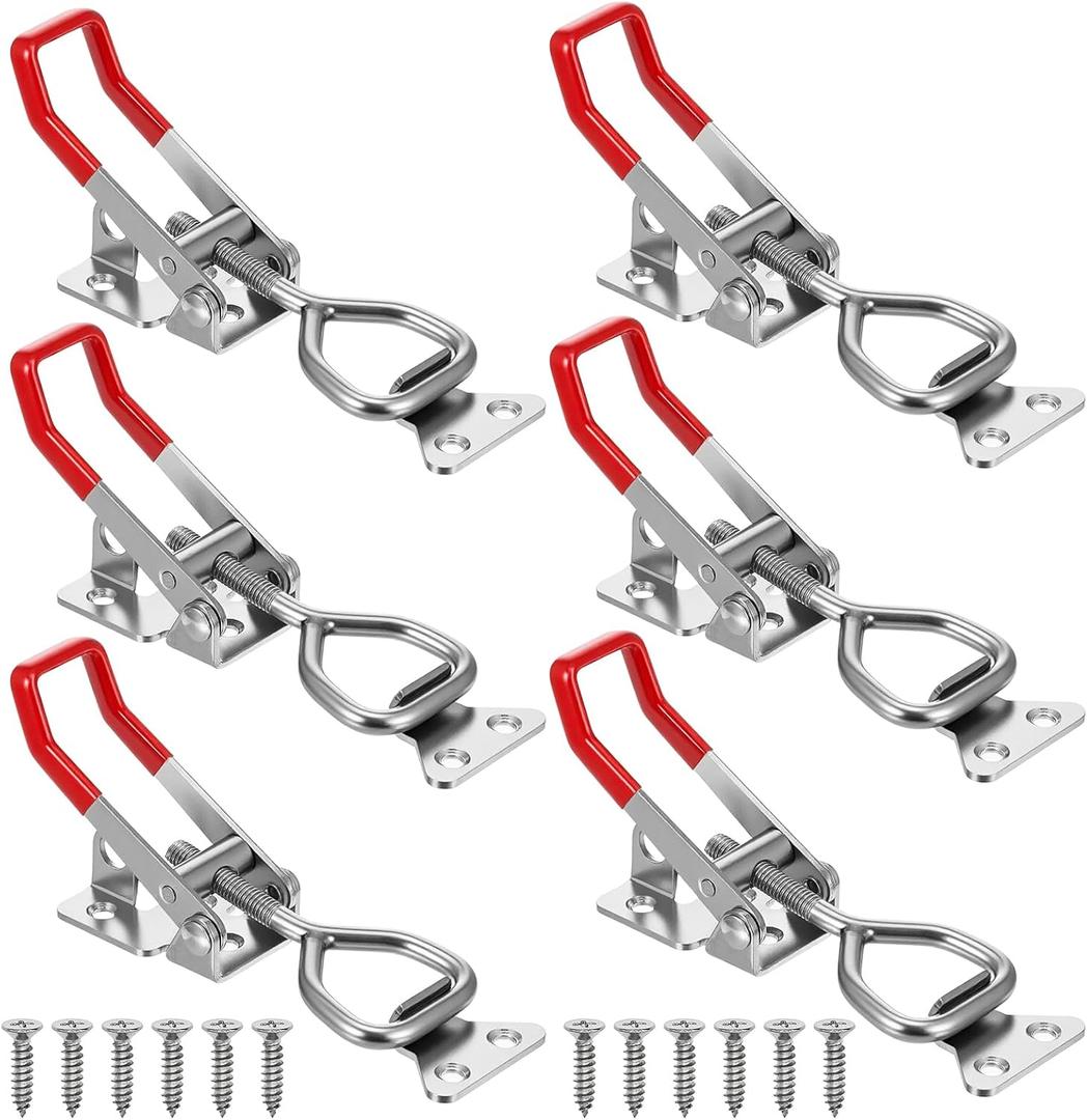 6 Pack 4001 Toggle Latch Clamp with Lock Hole, 304 Stainless Steel Adjustable Quick Release Pull Latch for Smoker, Toolbox, Cabinet  330Lbs Holding Capacity, Silver & Red Handle, Includes Screws
