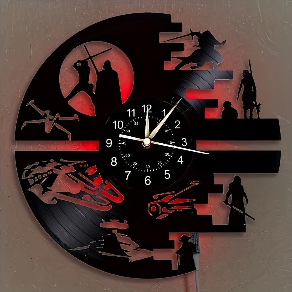 Decorative Vinyl Wall Clock with 12 InchesScience Fiction Film Themed Clocks, Vinyl Records Wall Clock, LED Light Wall Decor, Unique Birthday Gifts for Men,Kids