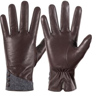 QOF Winter Genuine Leather Gloves for Women, Cashmere Warm Lined Finger Touchscreen Texting Driving Gloves
