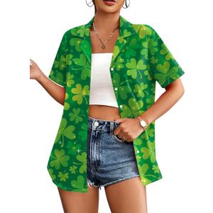 St Patricks Day Shirt Women St Paddy T Shirt Lucky Shamrock Graphic Tees Hawaiian Button Down Blouse Tops (Green, L)
