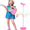 Kids Guitar and Microphone Playset, Musical Guitar Play Set with Adjustable Stand,Toy Guitar Starter Kit with 4 Strings, Electric Guitar Karaoke Toys with Music Lights for Boys Girls