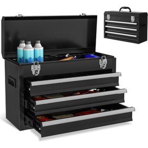 Portable Metal Tool Box, 3 Drawers Lockable Heavy Duty Tool Chest Storage Toolbox with Ball-Bearing Slides and 2 Metal Latches Closure for Garage, Workshop, Repair Shop (Black)