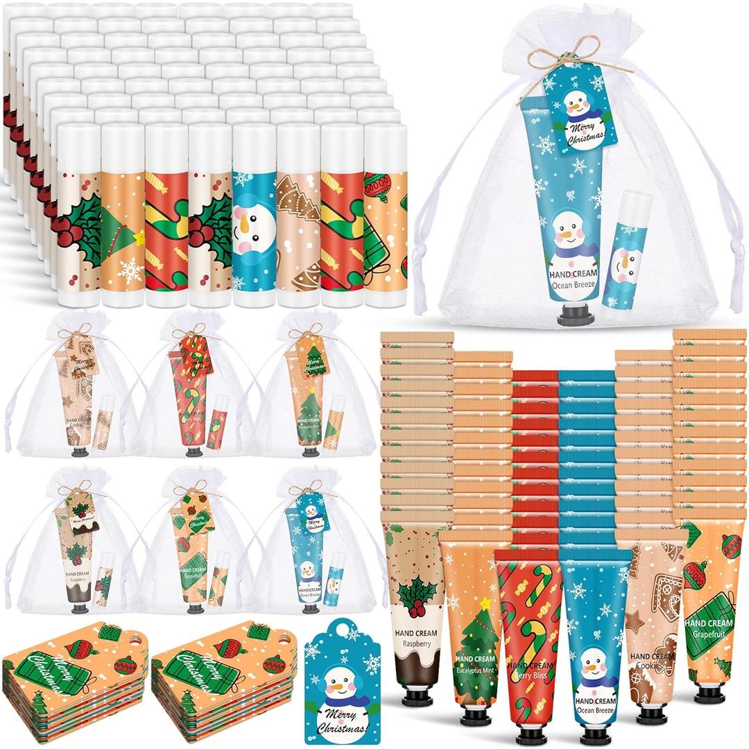 Loopeer 72 Sets/288 Pcs Christmas Hand Cream and Lip Balm Gift Set for Women Bulk Mini Hand Lotion Travel Size for Dry Skin Stocking Stuffers with Greeting Card Organza Bags for Coworker Employee