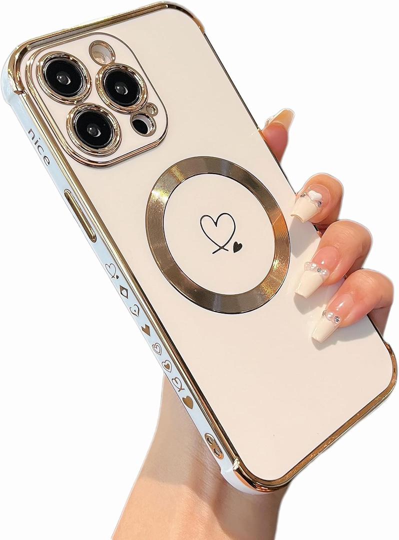 ZTOFERA Magnetic Case for iPhone 15 Pro, Cute Love Hearts Pattern Case with Camera Protection, Soft Shockproof TPU Bumper Cover for Women, White