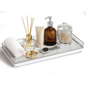 Bathroom Vanity Tray for Countertop, 12" x 6" Oak Wood Toilet Tank Tray with Metal Guardrail, Bathroom Organizer for Soap, Perfume & Skincare, Non-Slip Decorative Tray for Dresser, Sliver & White