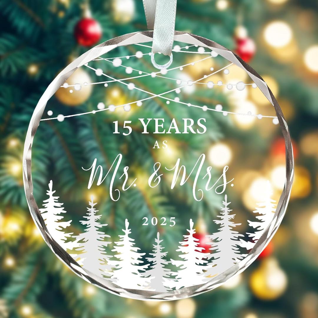 2 x 15th Anniversary Ornament Gifts for Couple, 15 Year Wedding Gifts for 15th Anniversary, Glass Keepsake 15 Year as Mr and Mrs Christmas Ornaments