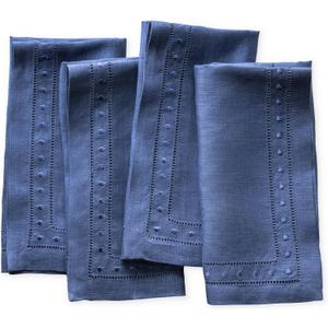 Linen Napkins Set of 4-100% Pure Linen Navy Blue Dinner Napkins with Embroidered Dot 18 x 18 inch - Hemstitch Cloth Napkins Washable for Winter and Spring Decor