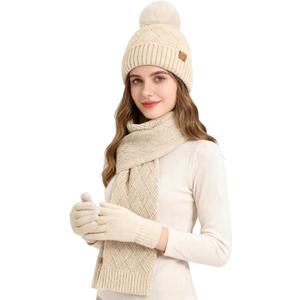 Women Winter Warm Hat Scarf Gloves Set, Touchscreen Gloves Beanie Hat Thick Scarf Set, 3 Pieces Warm Winter Gift (Beige)
