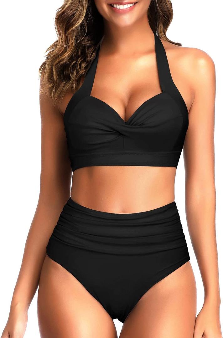 Tempt Me Women Two Piece Vintage Swimsuit Retro Halter Ruched High Waist Bikini with Bottom (XX-Small, Black 1)