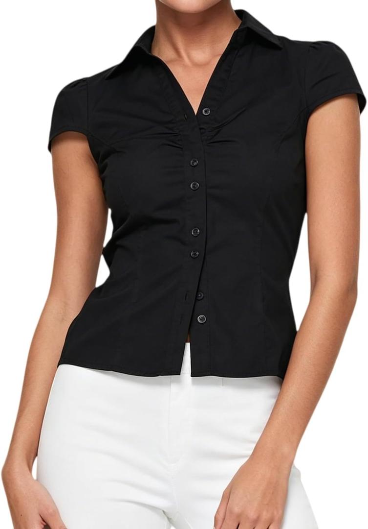 Women Y2k Button Down Blouse Short Sleeve V Neck Collared Cropped Shirt Tops Slim Fit Coquette Going Out Tops L