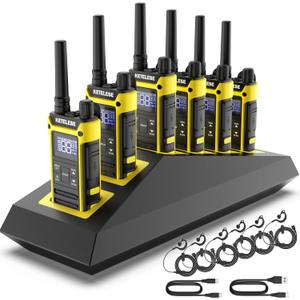 T3F IP67 Waterproof Walkie Talkies, Rugged Two Way Radio with Earpiece, Triple Proof, Three Charging Options, FRS 2 Way Radio, NOAA, VOX (6 Pack), Black/Yellow