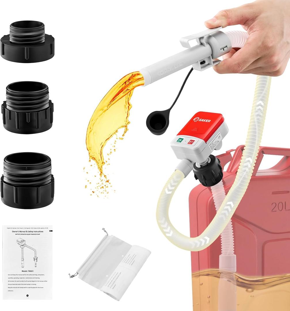 Saker Fuel Transfer Pump Battery Powered, Automatic Portable Fuel Pump with Auto-Stop, 51'' Extra Long Hose, 3.2 Gallon per Min, 3 Can Adapters, for Gasoline, Diesel and Oil