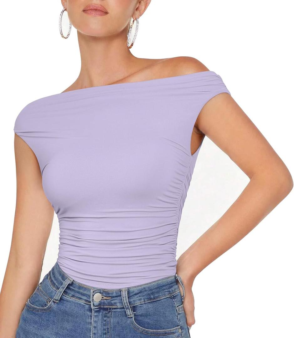 OMKAGI Women One Off Shoulder Y2K Tops Double Lined Slim Fit T Shirts Basic Tees (Large)