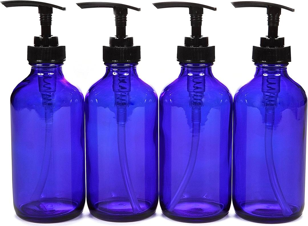 Vivaplex, 4, Large, 8 oz, Empty, Cobalt Blue Glass Bottles with Black Lotion Pumps