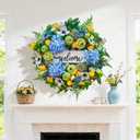 24 Inch Spring Summer Wreath for Front Door, Blue Spring and Summer Wreath with Hydrangea, Apple & Lemon, Peony Flowers and Greenery, Spring Door Wreath for Indoor Outdoor Decor